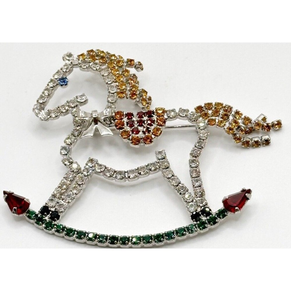 VTG 1960s CRYSTAL ROCKING HORSE BROOCH‎ 2 5/8" LONG 2 1/4" TALL ARTICULATING